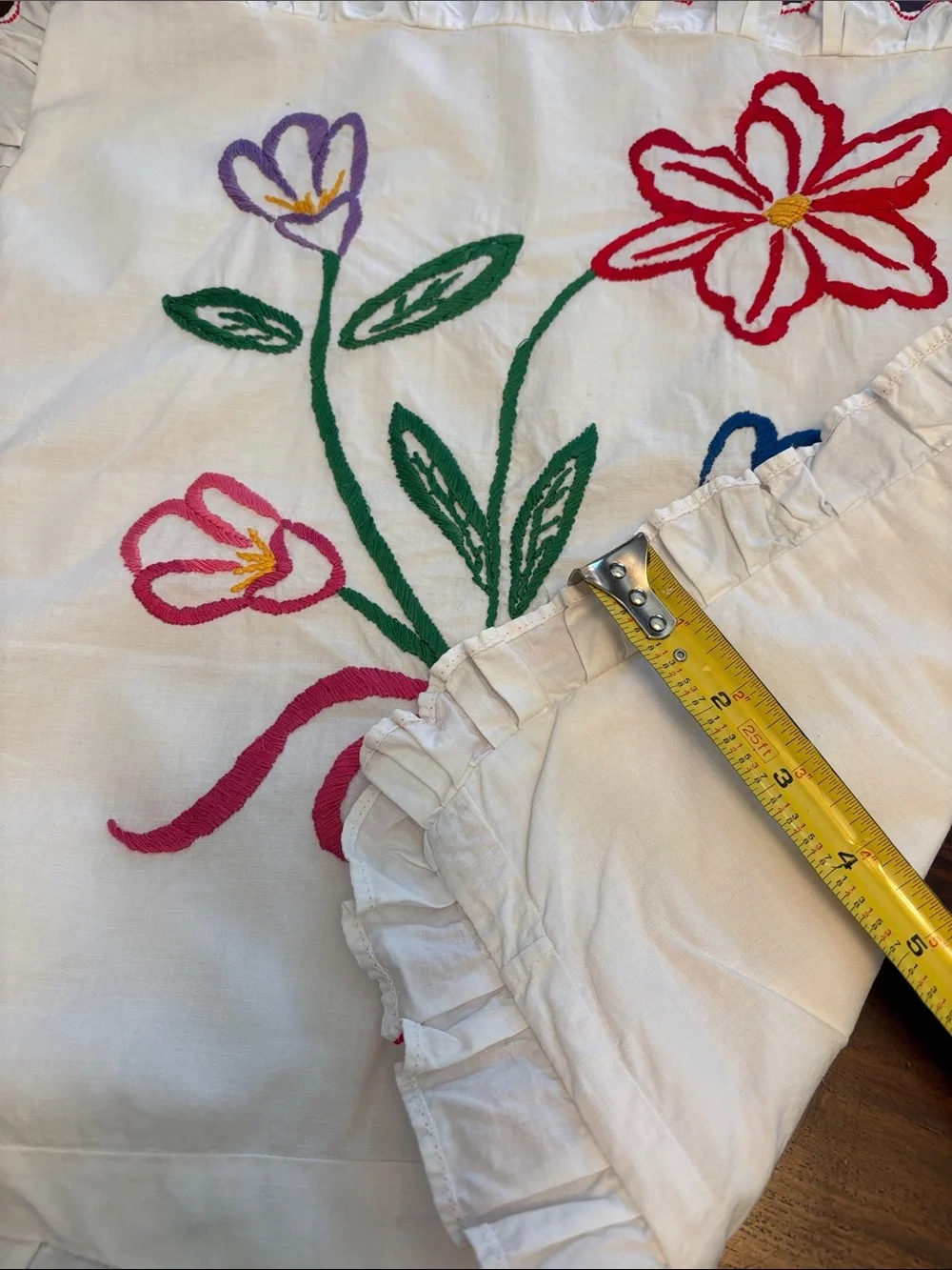 Vintage Embroidered Floral Pillow Sham White with Pink, Red, Green, Blue Accents